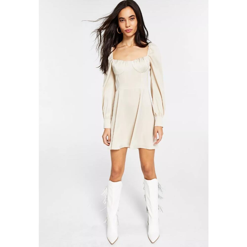 Leyden Beige Blouson Babydoll Feminine Sleeve Fit Flare Mini Dress L Large New